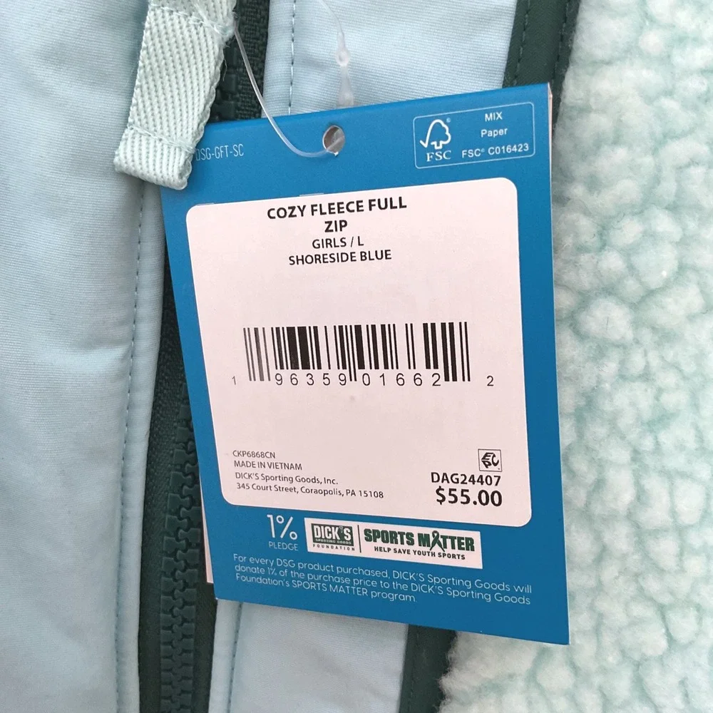 DSG Girls Cozy Fleece Full‎ Zip Jacket Shoreside Blue Size L(14) New With Tags
